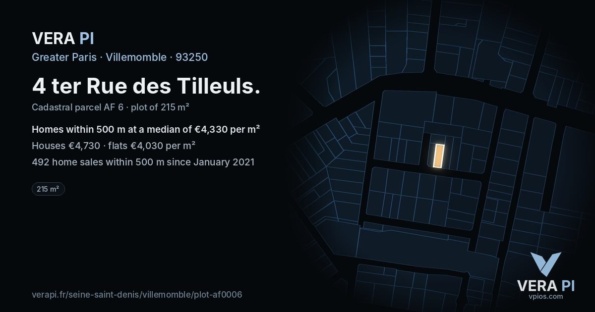 4 ter Rue des Tilleuls, Villemomble at night – the plot lit, the parcels around coloured by the prices near them
