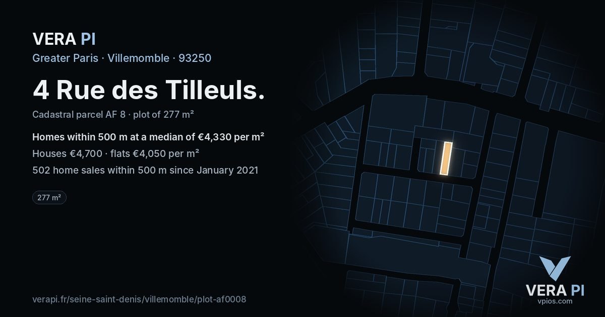 4 Rue des Tilleuls, Villemomble at night – the plot lit, the parcels around coloured by the prices near them