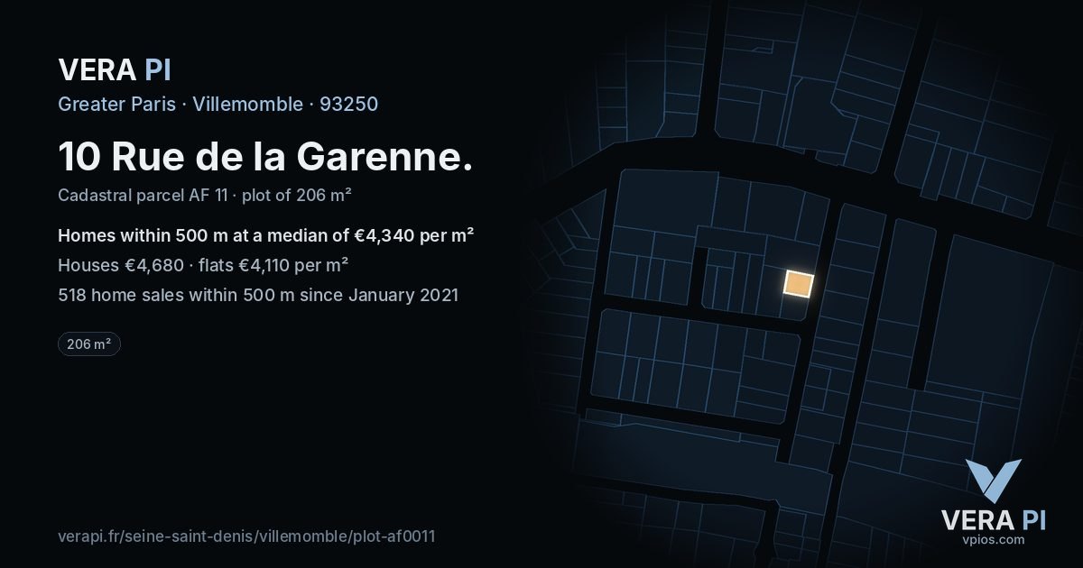 10 Rue de la Garenne, Villemomble at night – the plot lit, the parcels around coloured by the prices near them