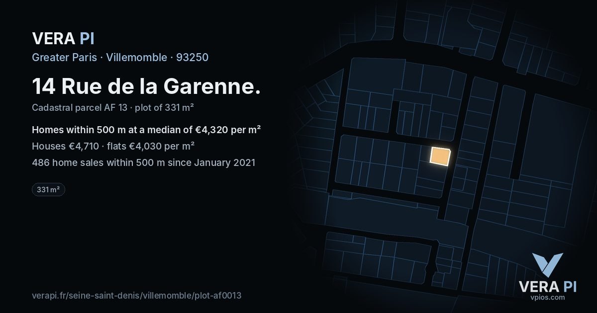 14 Rue de la Garenne, Villemomble at night – the plot lit, the parcels around coloured by the prices near them