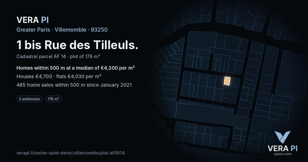 1 bis Rue des Tilleuls, Villemomble at night – the plot lit, the parcels around coloured by the prices near them