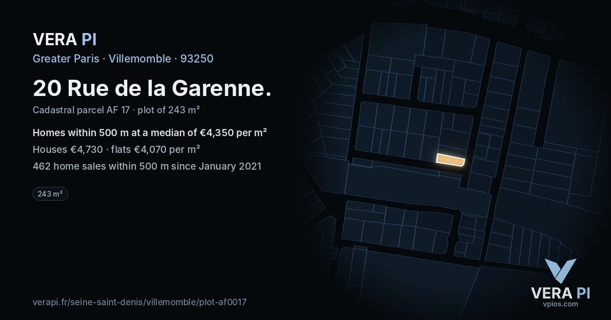 20 Rue de la Garenne, Villemomble at night – the plot lit, the parcels around coloured by the prices near them