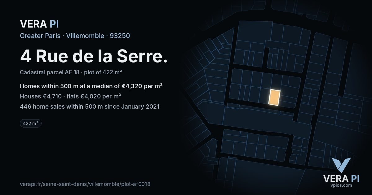 4 Rue de la Serre, Villemomble at night – the plot lit, the parcels around coloured by the prices near them