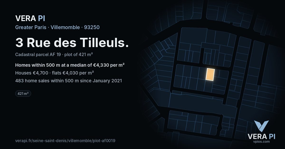 3 Rue des Tilleuls, Villemomble at night – the plot lit, the parcels around coloured by the prices near them
