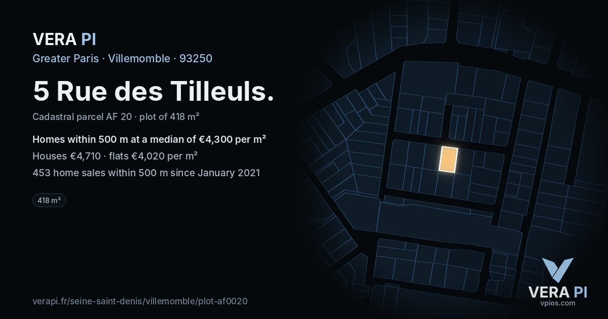 5 Rue des Tilleuls, Villemomble at night – the plot lit, the parcels around coloured by the prices near them