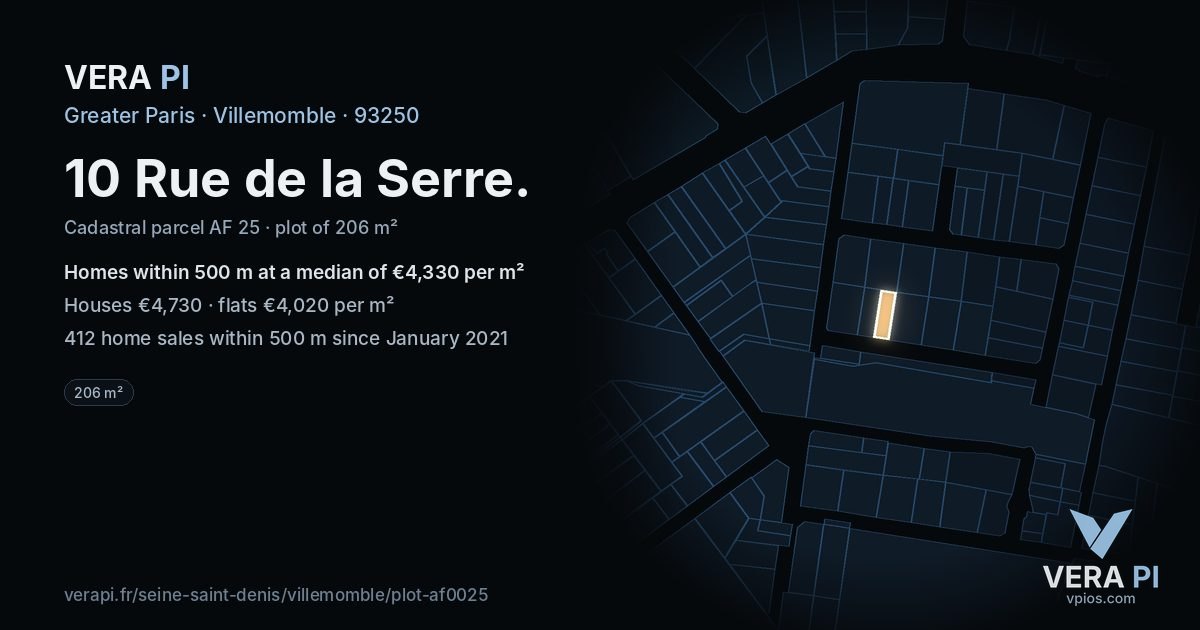 10 Rue de la Serre, Villemomble at night – the plot lit, the parcels around coloured by the prices near them