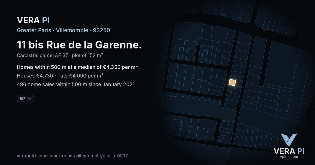 11 bis Rue de la Garenne, Villemomble at night – the plot lit, the parcels around coloured by the prices near them