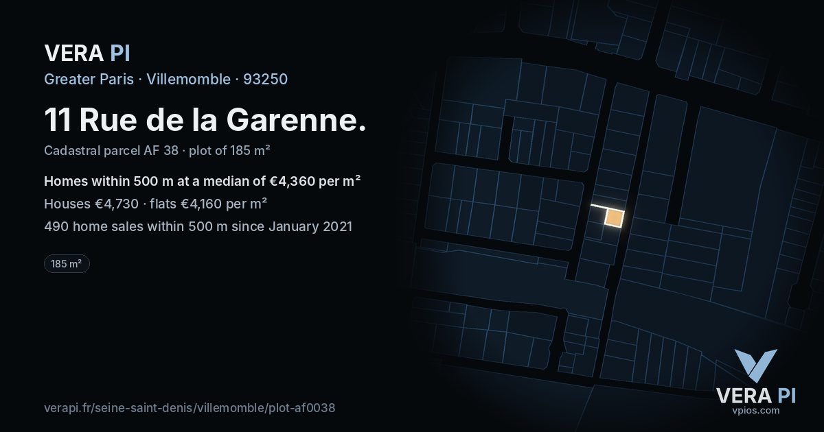 11 Rue de la Garenne, Villemomble at night – the plot lit, the parcels around coloured by the prices near them