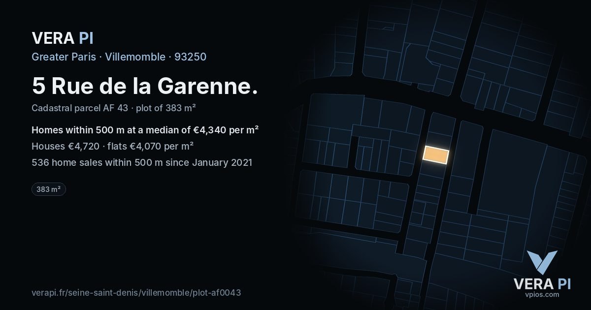 5 Rue de la Garenne, Villemomble at night – the plot lit, the parcels around coloured by the prices near them
