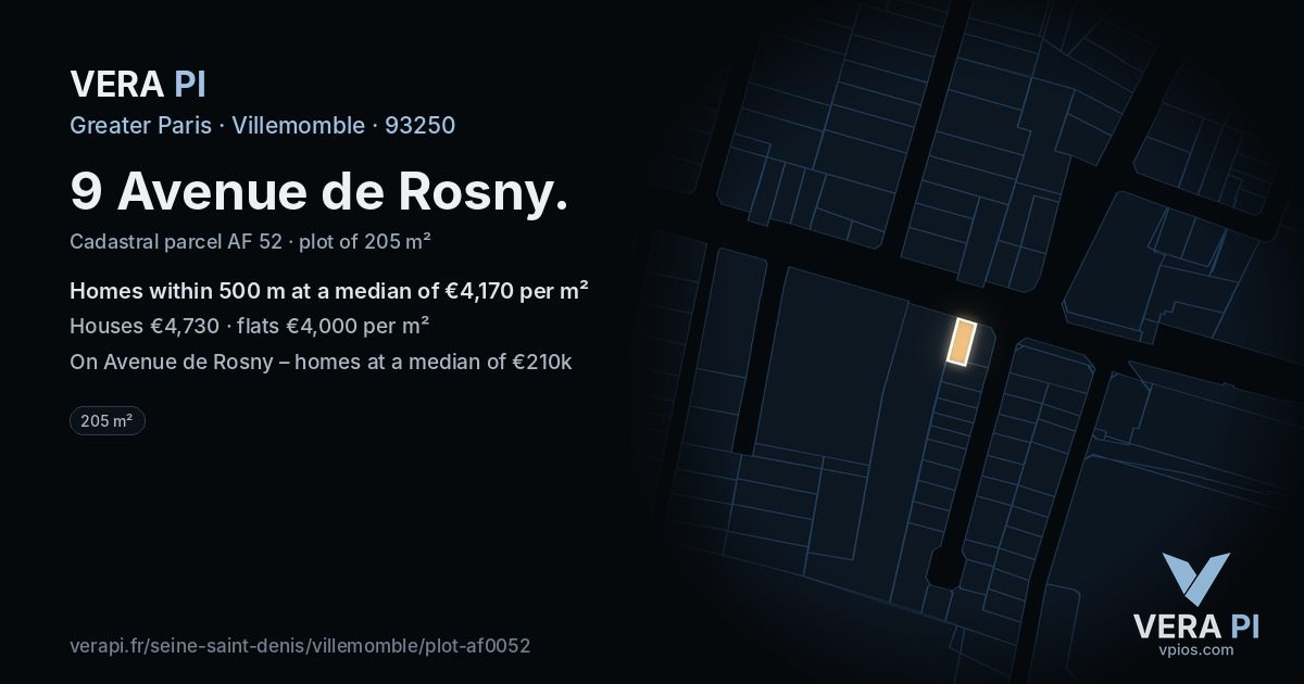 9 Avenue de Rosny, Villemomble at night – the plot lit, the parcels around coloured by the prices near them