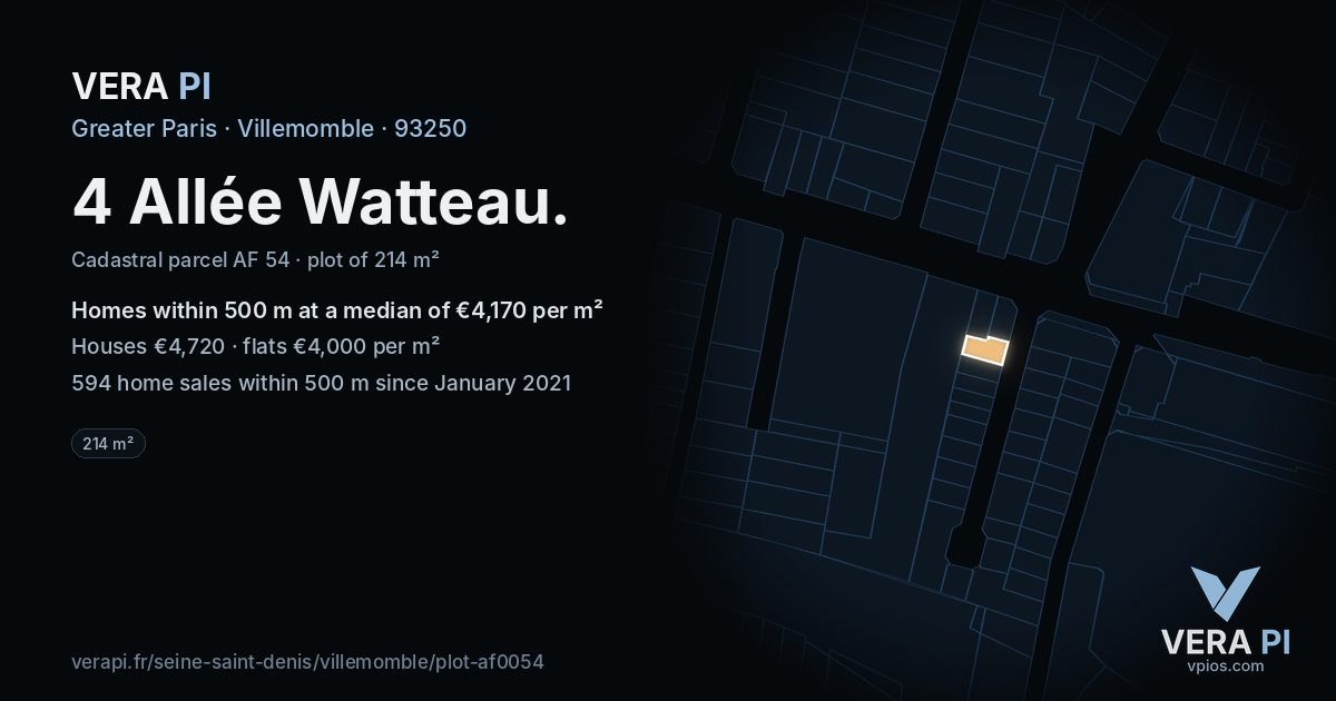 4 Allée Watteau, Villemomble at night – the plot lit, the parcels around coloured by the prices near them