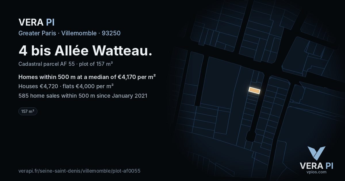 4 bis Allée Watteau, Villemomble at night – the plot lit, the parcels around coloured by the prices near them