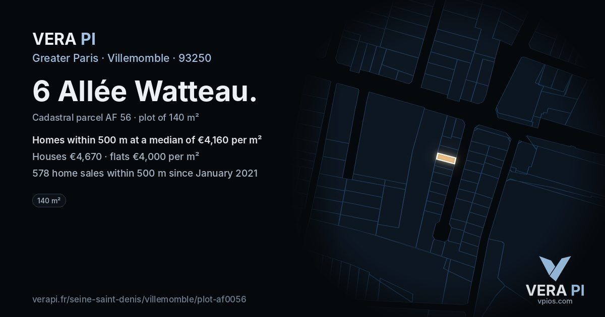 6 Allée Watteau, Villemomble at night – the plot lit, the parcels around coloured by the prices near them