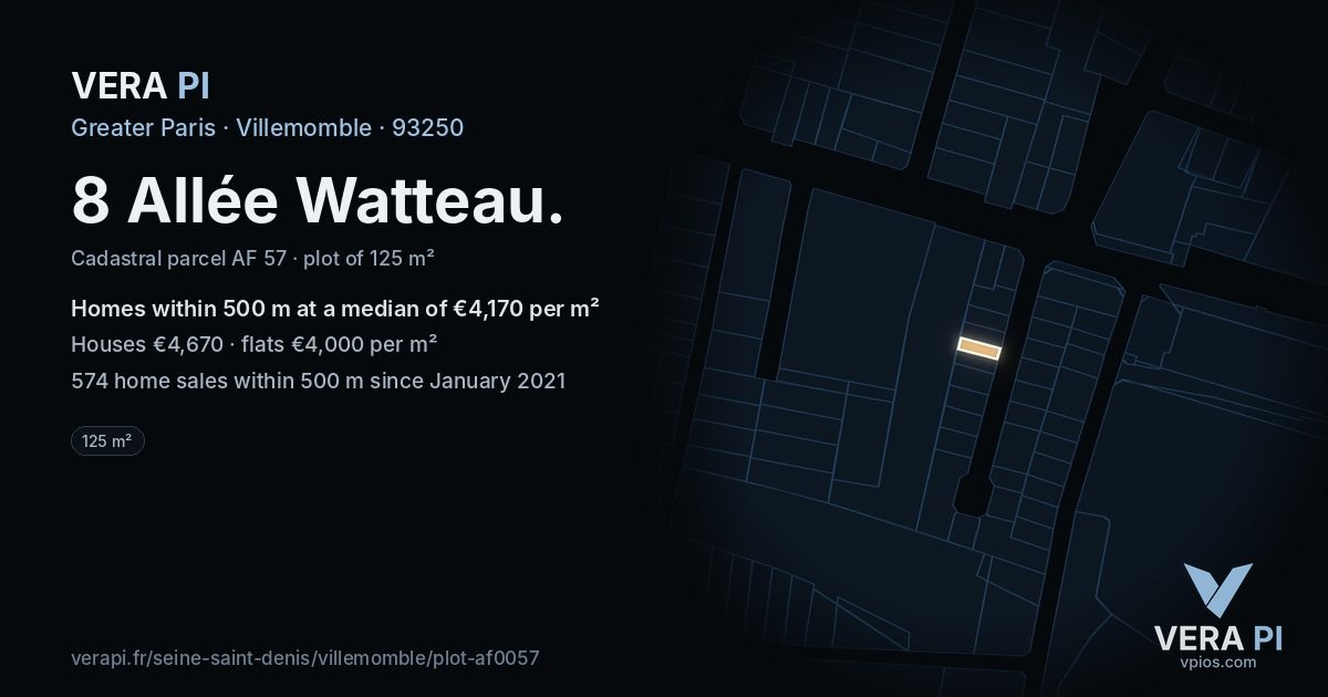 8 Allée Watteau, Villemomble at night – the plot lit, the parcels around coloured by the prices near them