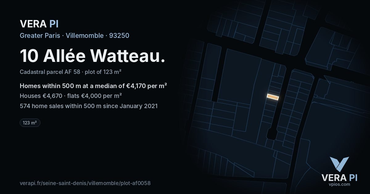 10 Allée Watteau, Villemomble at night – the plot lit, the parcels around coloured by the prices near them