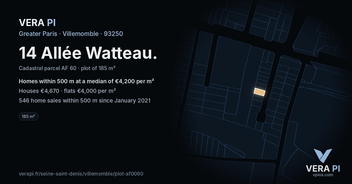 14 Allée Watteau, Villemomble at night – the plot lit, the parcels around coloured by the prices near them