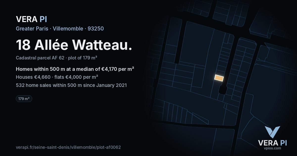 18 Allée Watteau, Villemomble at night – the plot lit, the parcels around coloured by the prices near them