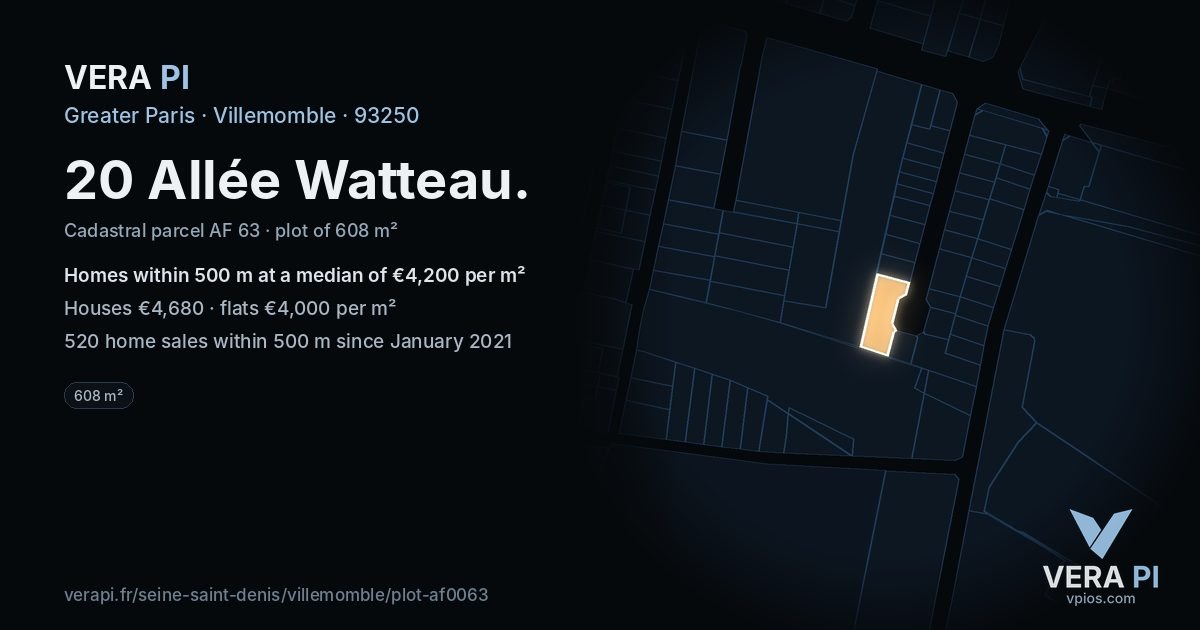 20 Allée Watteau, Villemomble at night – the plot lit, the parcels around coloured by the prices near them