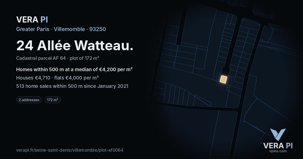 24 Allée Watteau, Villemomble at night – the plot lit, the parcels around coloured by the prices near them