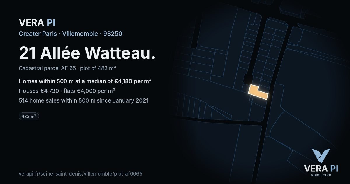 21 Allée Watteau, Villemomble at night – the plot lit, the parcels around coloured by the prices near them