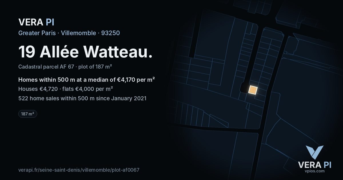 19 Allée Watteau, Villemomble at night – the plot lit, the parcels around coloured by the prices near them
