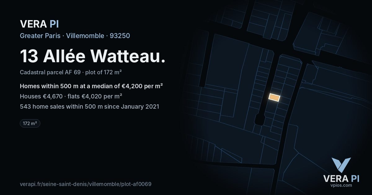 13 Allée Watteau, Villemomble at night – the plot lit, the parcels around coloured by the prices near them