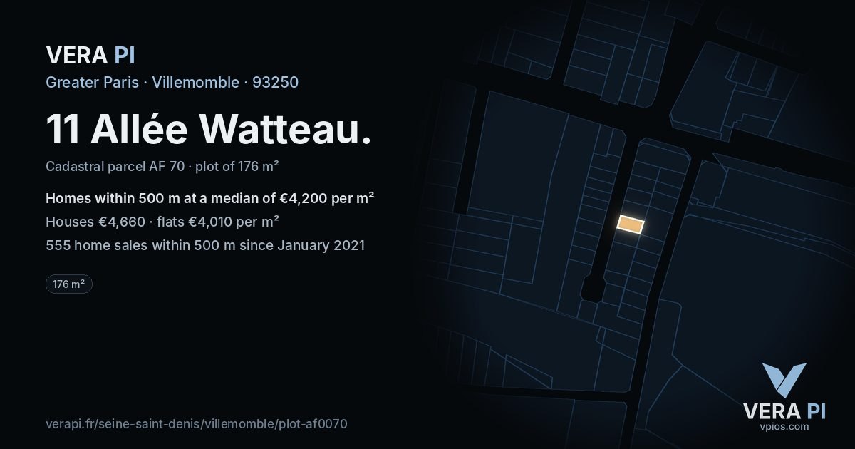 11 Allée Watteau, Villemomble at night – the plot lit, the parcels around coloured by the prices near them