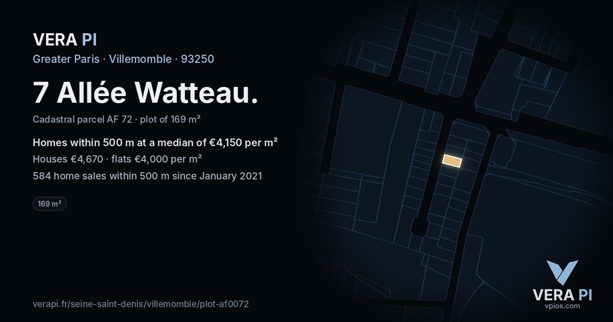 7 Allée Watteau, Villemomble at night – the plot lit, the parcels around coloured by the prices near them