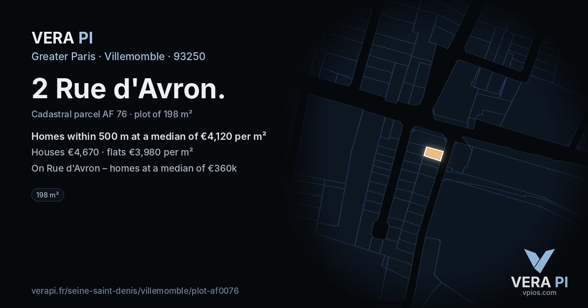 2 Rue d'Avron, Villemomble at night – the plot lit, the parcels around coloured by the prices near them