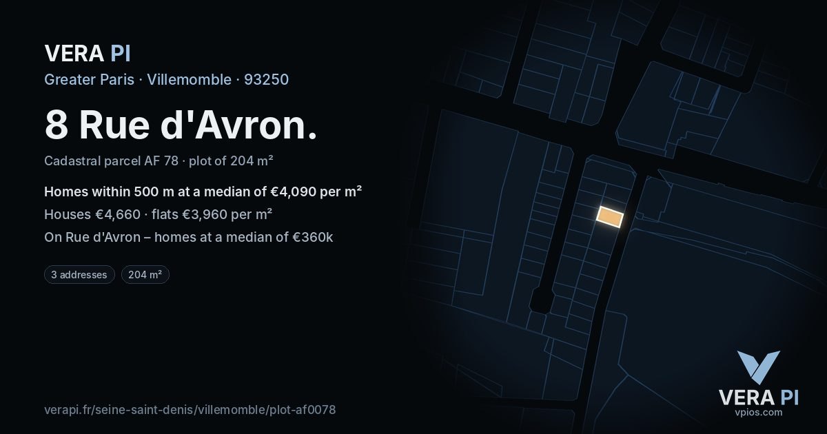 8 Rue d'Avron, Villemomble at night – the plot lit, the parcels around coloured by the prices near them