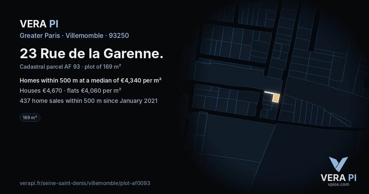 23 Rue de la Garenne, Villemomble at night – the plot lit, the parcels around coloured by the prices near them