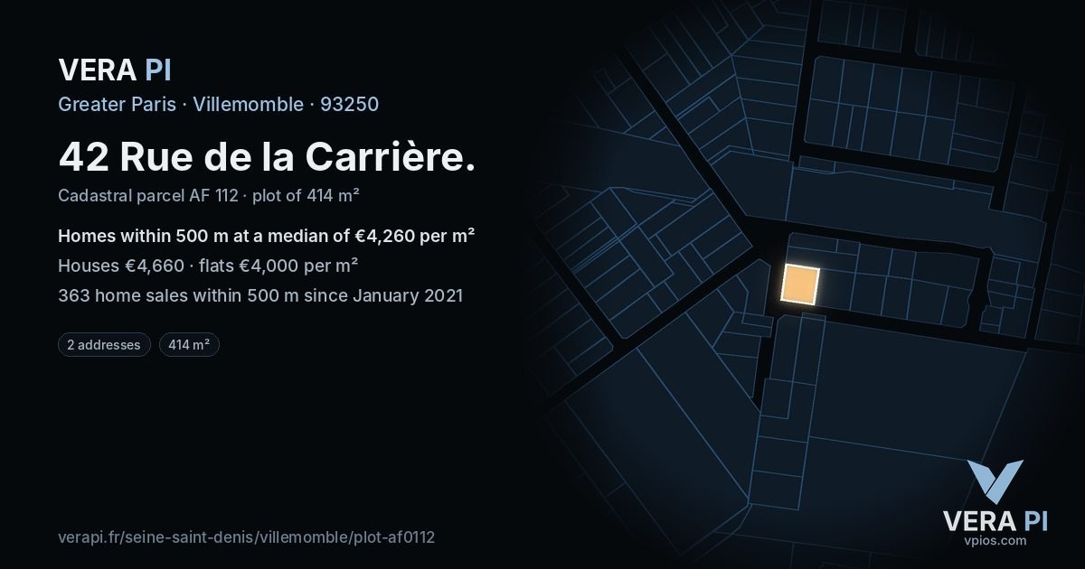 42 Rue de la Carrière, Villemomble at night – the plot lit, the parcels around coloured by the prices near them