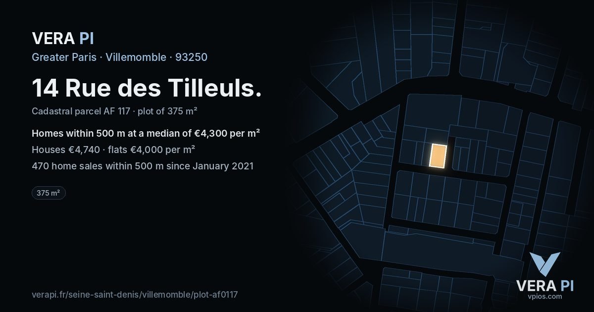 14 Rue des Tilleuls, Villemomble at night – the plot lit, the parcels around coloured by the prices near them