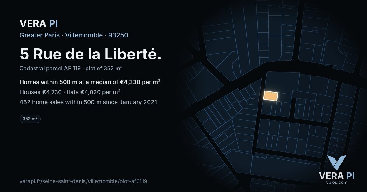5 Rue de la Liberté, Villemomble at night – the plot lit, the parcels around coloured by the prices near them