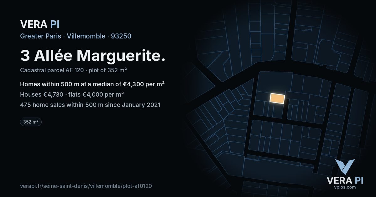 3 Allée Marguerite, Villemomble at night – the plot lit, the parcels around coloured by the prices near them