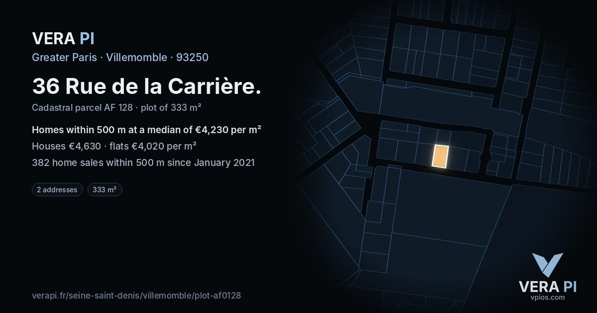36 Rue de la Carrière, Villemomble at night – the plot lit, the parcels around coloured by the prices near them