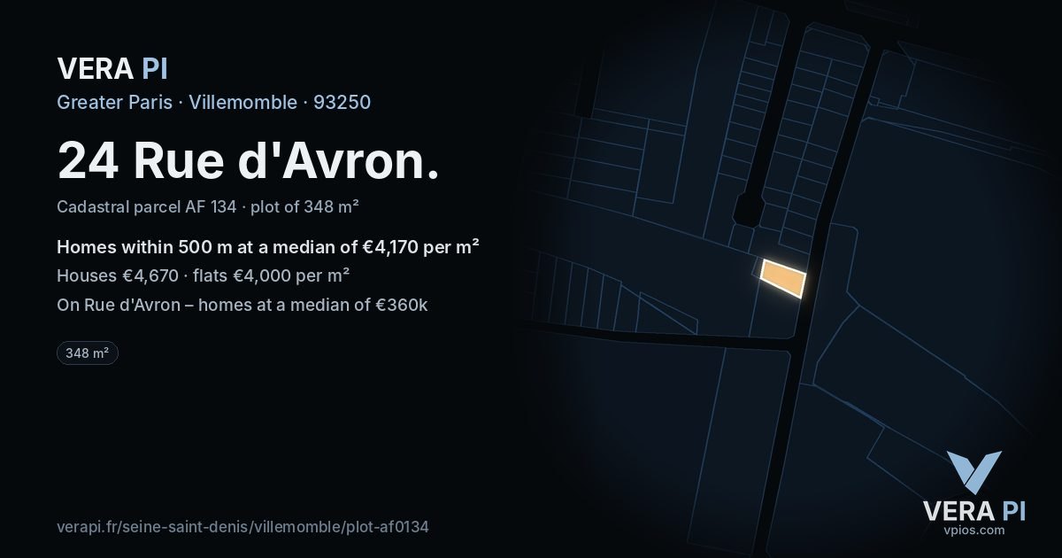 24 Rue d'Avron, Villemomble at night – the plot lit, the parcels around coloured by the prices near them