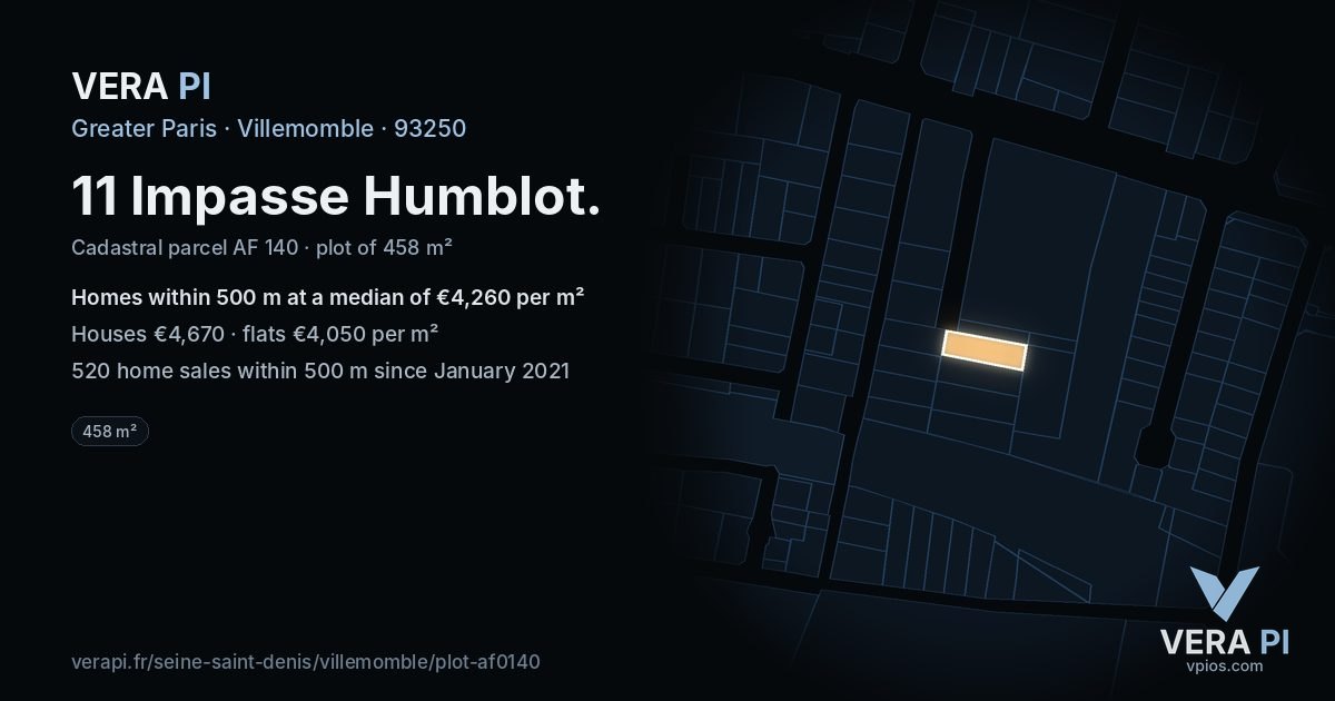 11 Impasse Humblot, Villemomble at night – the plot lit, the parcels around coloured by the prices near them