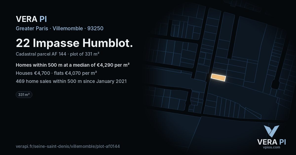22 Impasse Humblot, Villemomble at night – the plot lit, the parcels around coloured by the prices near them