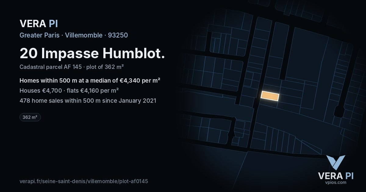 20 Impasse Humblot, Villemomble at night – the plot lit, the parcels around coloured by the prices near them
