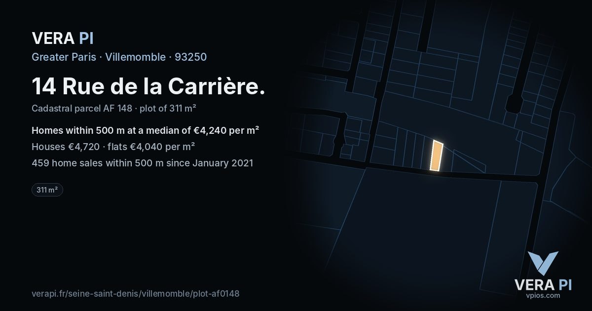 14 Rue de la Carrière, Villemomble at night – the plot lit, the parcels around coloured by the prices near them