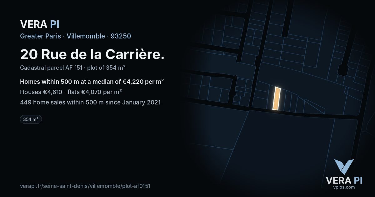 20 Rue de la Carrière, Villemomble at night – the plot lit, the parcels around coloured by the prices near them