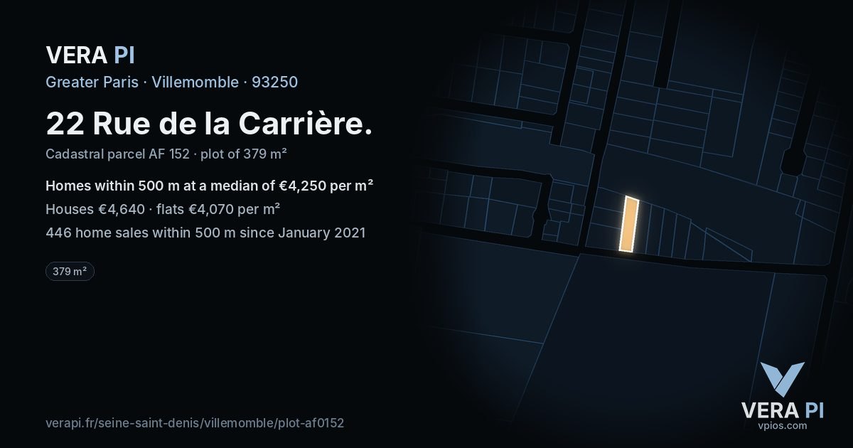 22 Rue de la Carrière, Villemomble at night – the plot lit, the parcels around coloured by the prices near them