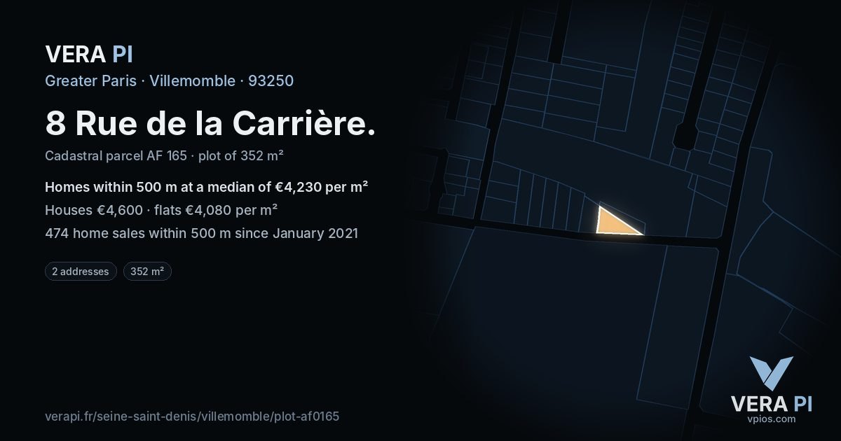 8 Rue de la Carrière, Villemomble at night – the plot lit, the parcels around coloured by the prices near them