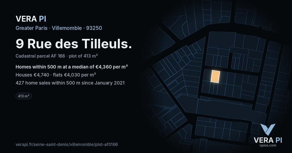 9 Rue des Tilleuls, Villemomble at night – the plot lit, the parcels around coloured by the prices near them