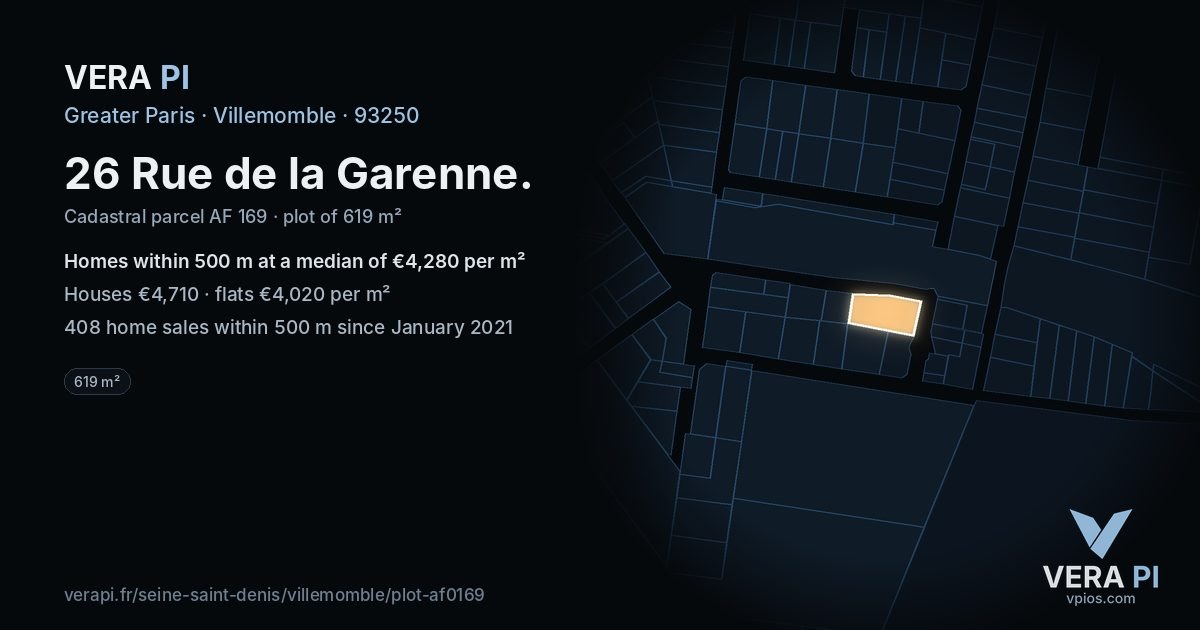 26 Rue de la Garenne, Villemomble at night – the plot lit, the parcels around coloured by the prices near them