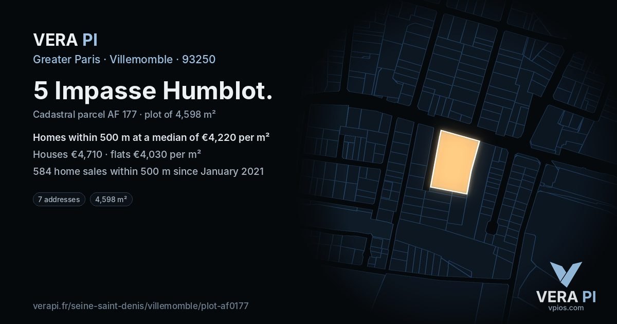 5 Impasse Humblot, Villemomble at night – the plot lit, the parcels around coloured by the prices near them