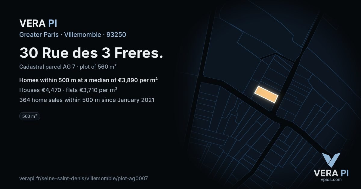 30 Rue des 3 Freres, Villemomble at night – the plot lit, the parcels around coloured by the prices near them