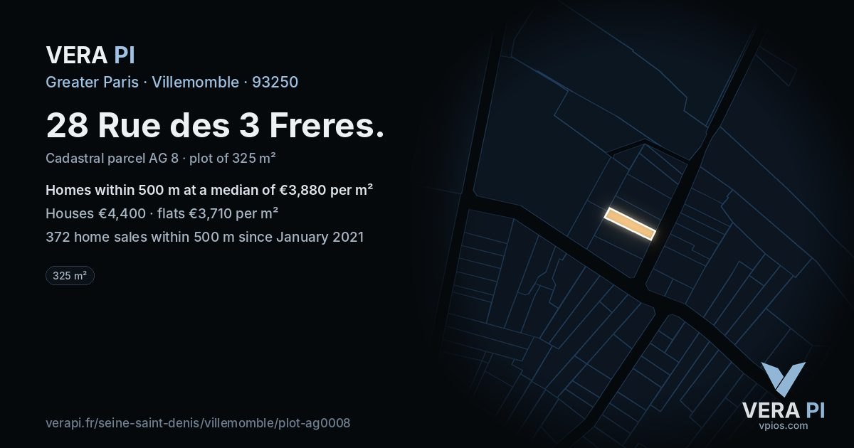 28 Rue des 3 Freres, Villemomble at night – the plot lit, the parcels around coloured by the prices near them
