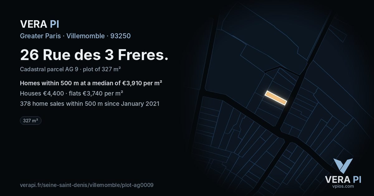 26 Rue des 3 Freres, Villemomble at night – the plot lit, the parcels around coloured by the prices near them